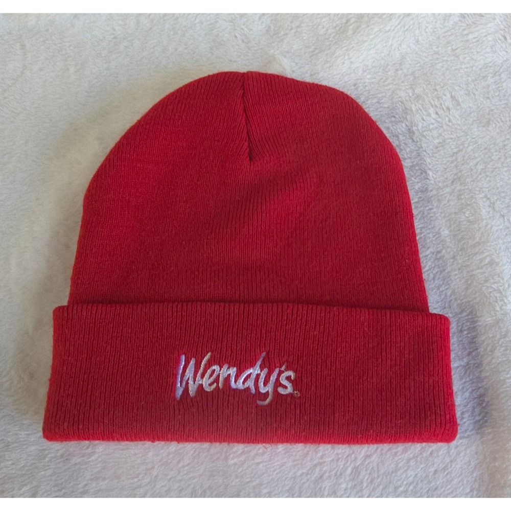 Wendys Red Knit Beanie Hat Port & Company CP90 Embroidered Logo Cap